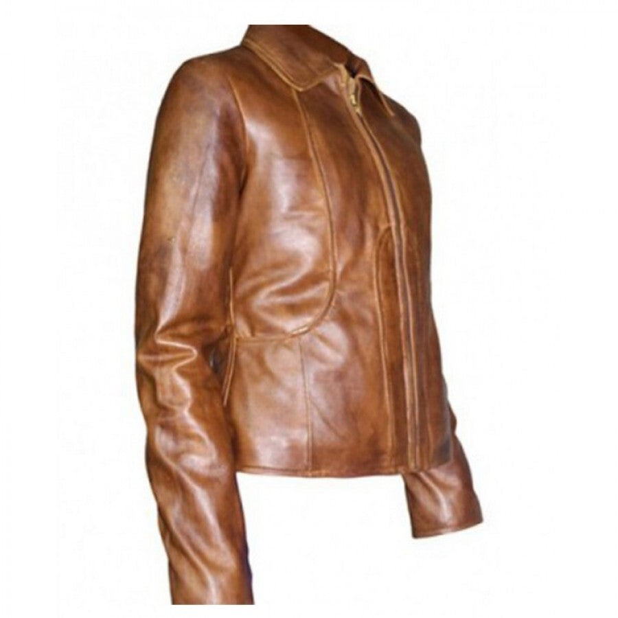 Majestic Leather - Women's Jennifer Lopez Distressed Brown Leather Motorcycle Jacket (750)