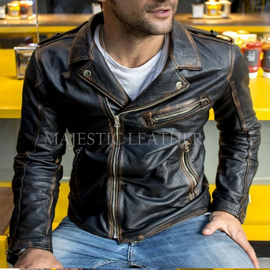 Majestic Leather - Mens Black Biker Vintage Distressed Motorcycle Cafe Racer Real Leather Jacket