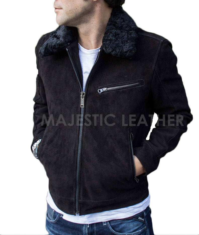 Majestic Leather - Men's Black Suede Leather Shearling Collar Classic Luxury Jacket