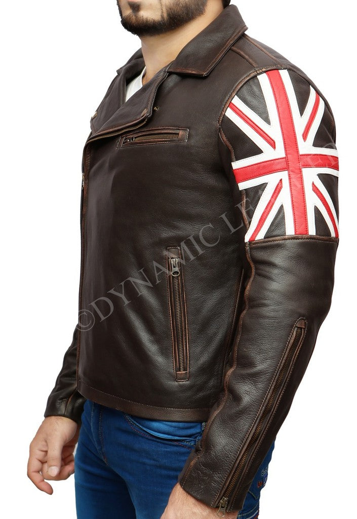 Majestic Leather - Mens Biker Vintage Distressed Brown Union Jack 2 Cafe Racer Leather Jacket