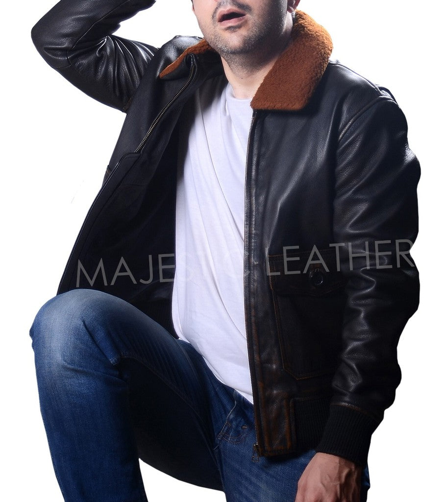 Majestic Leather - Mens G-1 Navy Leather Bomber Distressed Brown Real Leather Jacket