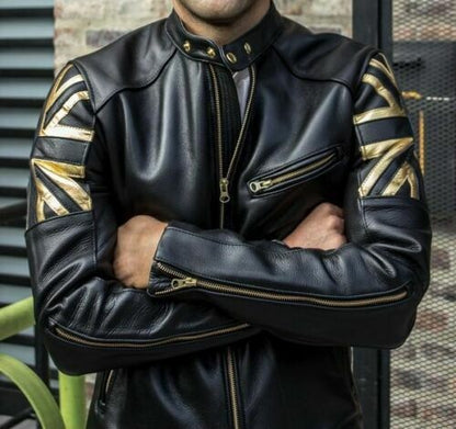 Majestic Leather - Union Jack UK FLAG Cafe Racer Vintage Men Black Motorcycle Biker Leather Jacket