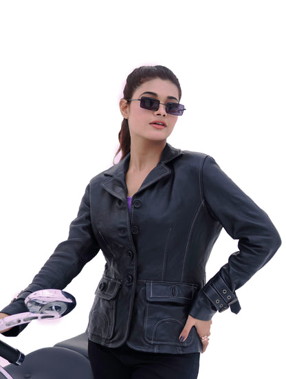 Women's New REAL LEATHER BIKER VINTAGE SOFT BLACK LAMBSKIN BLAZER COAT Majestic Leather