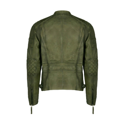 Olive Vintage Cafe Racer Leather Jacket | Majestic Leather — back view | Majestic Leather UK