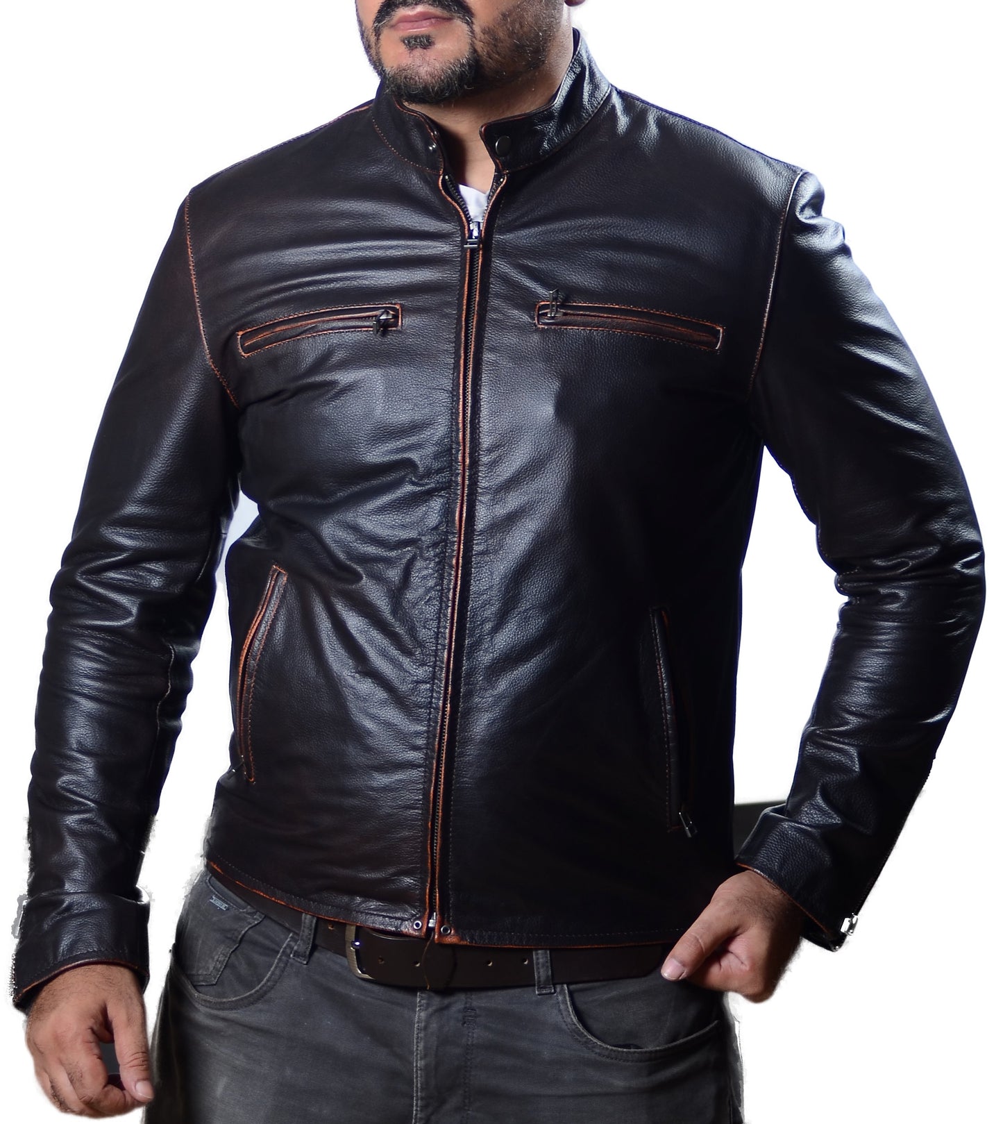 Men's New Contraband Diamond Distressed Black Vintage Look Biker Leather Jacket