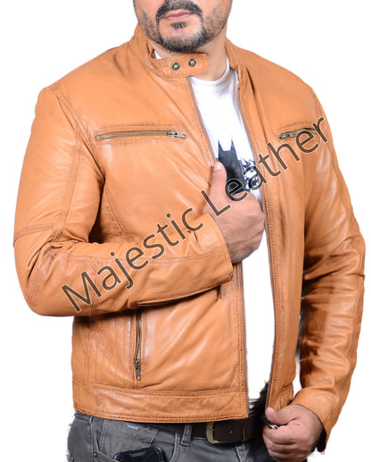 NEW MENS BRITISH TAN REAL LAMBSKIN PREMIUM BIKER LEATHER JACKET