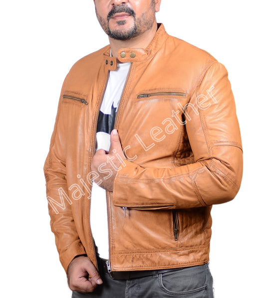 NEW MENS BRITISH TAN REAL LAMBSKIN PREMIUM BIKER LEATHER JACKET