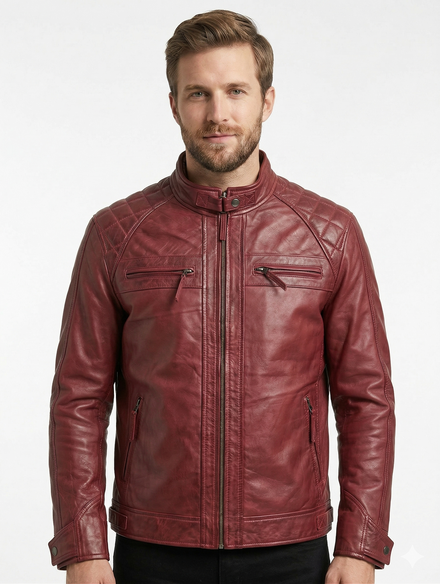 Men's Cafe Racer Biker Leather Jacket Style - 329 | Majestic Leather — front view | Majestic Leather UK