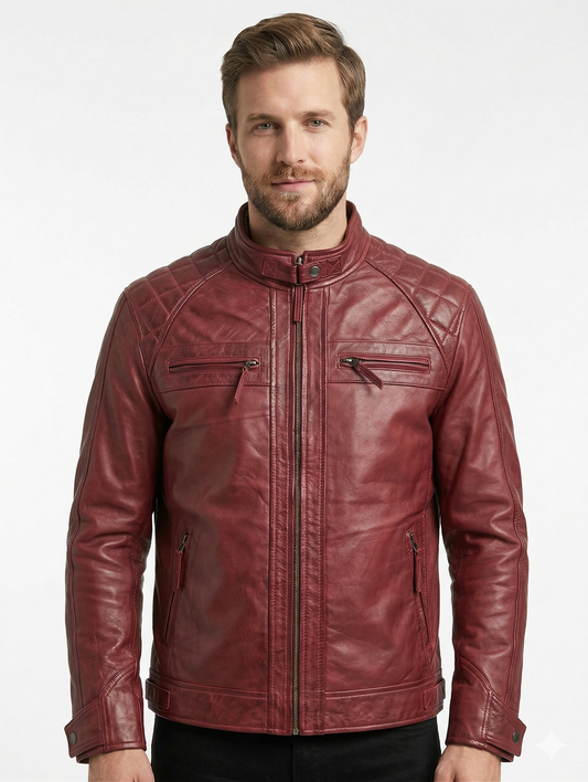 Men's Cafe Racer Biker Leather Jacket Style - 329 | Majestic Leather — front view | Majestic Leather UK