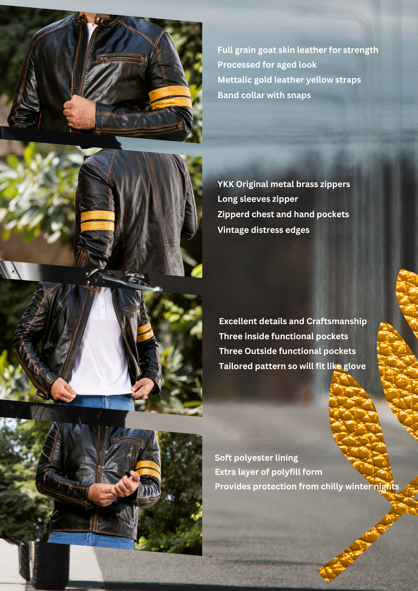 Yellow straps Distress Black Real Leather Jacket | Majestic Leather — back view | Majestic Leather UK
