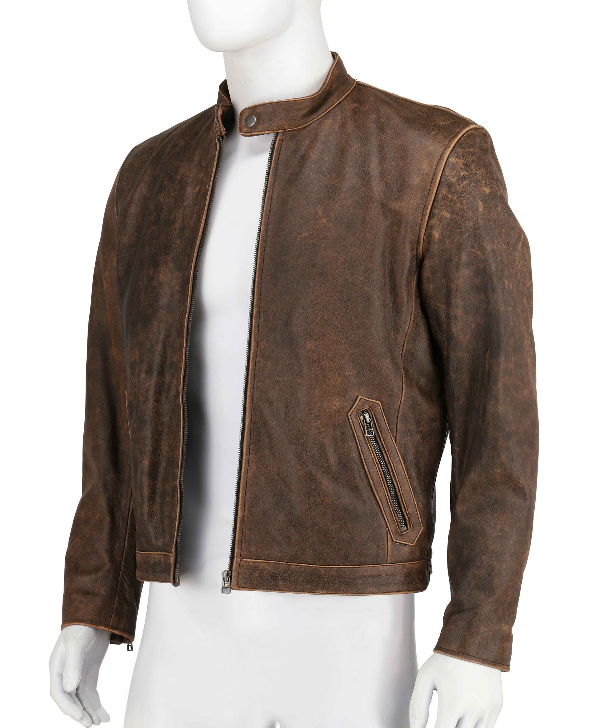 Biker Cafe Racer Vintage Distressed Brown Real Leather Jacket | Majestic Leather — front view | Majestic Leather UK