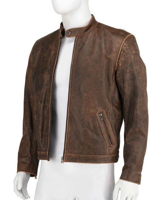 Biker Cafe Racer Vintage Distressed Brown Real Leather Jacket | Majestic Leather — front view | Majestic Leather UK