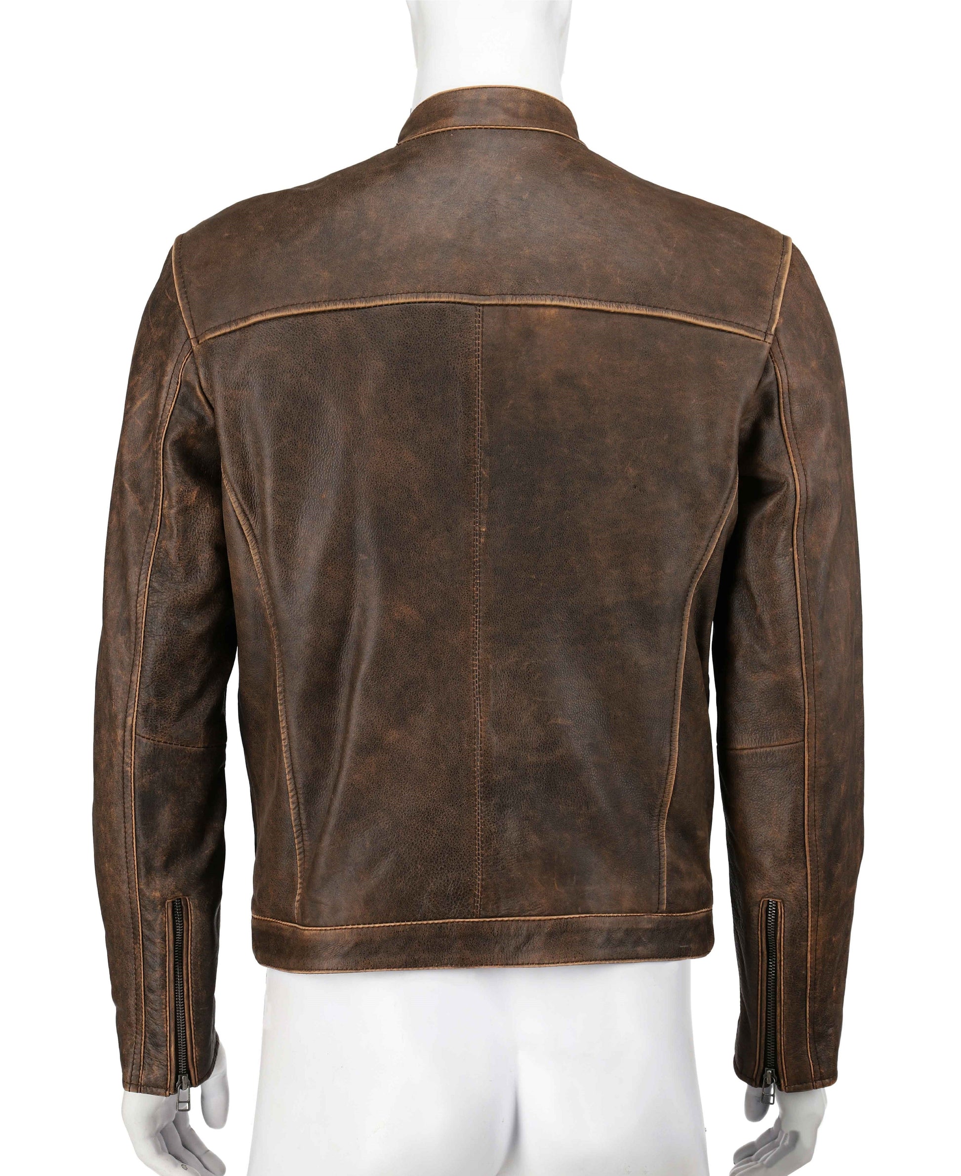 Biker Cafe Racer Vintage Distressed Brown Real Leather Jacket | Majestic Leather — side profile | Majestic Leather UK
