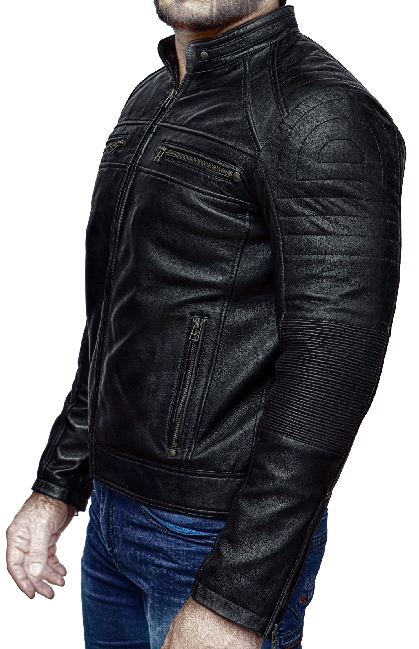 Lambskin Cafe Racer Biker Real Leather Jacket | Majestic Leather — side profile | Majestic Leather UK