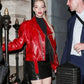 Women Biker - Anya Taylor-Joy Red Leather Jacket — back view | Majestic Leather UK