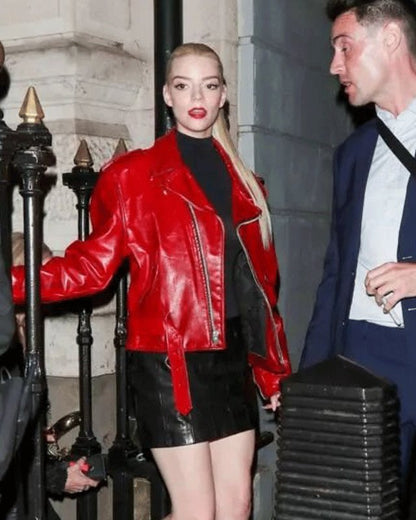 Anya Taylor-Joy Celebrity Red Leather Jacket — back view | Majestic Leather UK