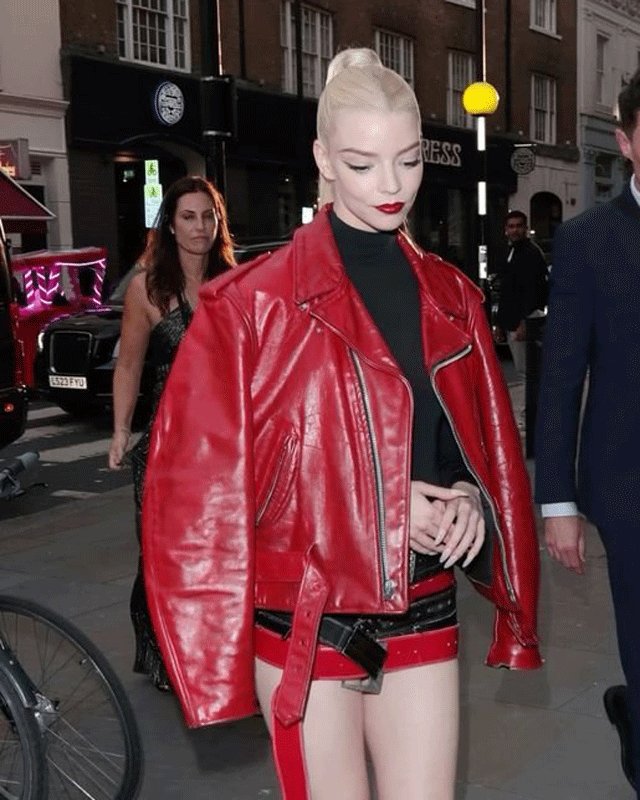 Women Biker - Anya Taylor-Joy Red Leather Jacket — side profile | Majestic Leather UK