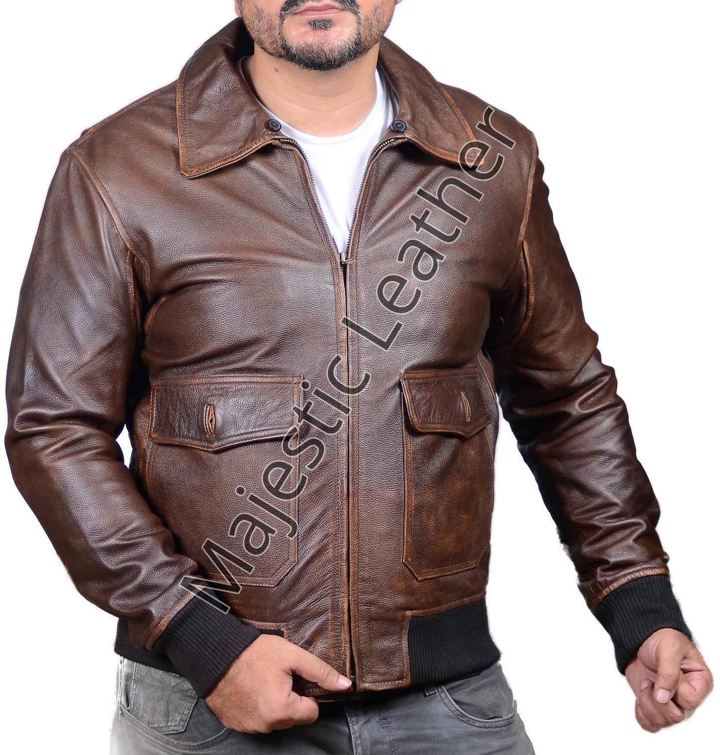 Men's New Dusty Brown Distressed Vintage Flight Aviator Leather Jacket