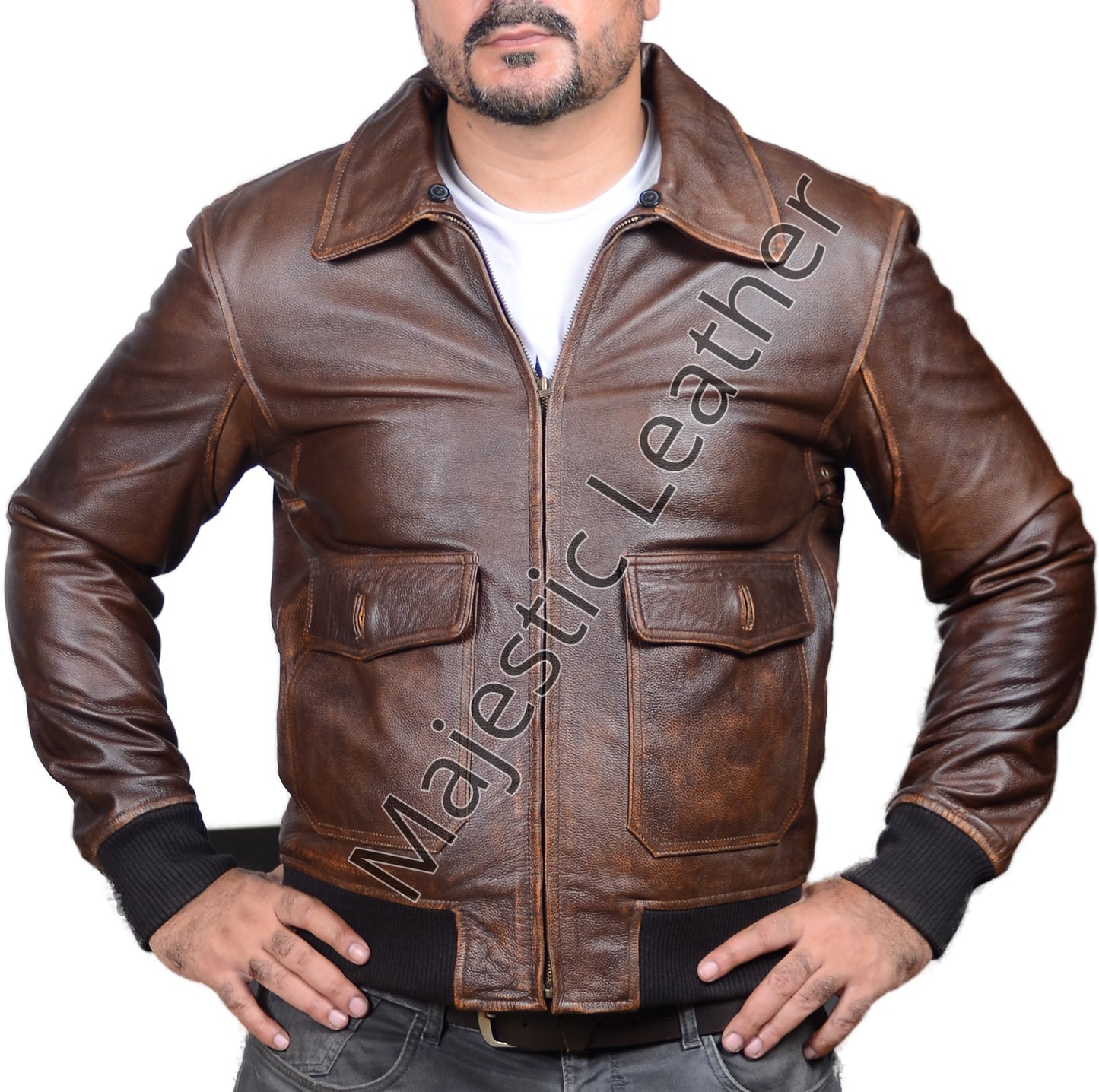 Men's New Dusty Brown Distressed Vintage Flight Aviator Leather Jacket