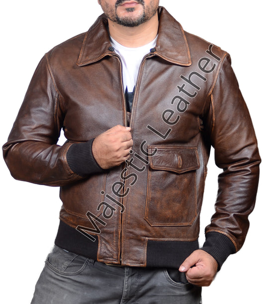 Men's New Dusty Brown Distressed Vintage Flight Aviator Leather Jacket