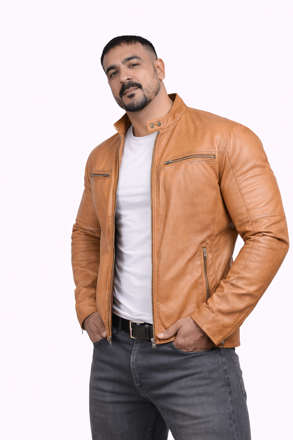 Majestic Leather - Men's New Real Lambskin British Tan Brown Leather Motorcycle Jacket Slim fit Biker Jacket Majestic Leather