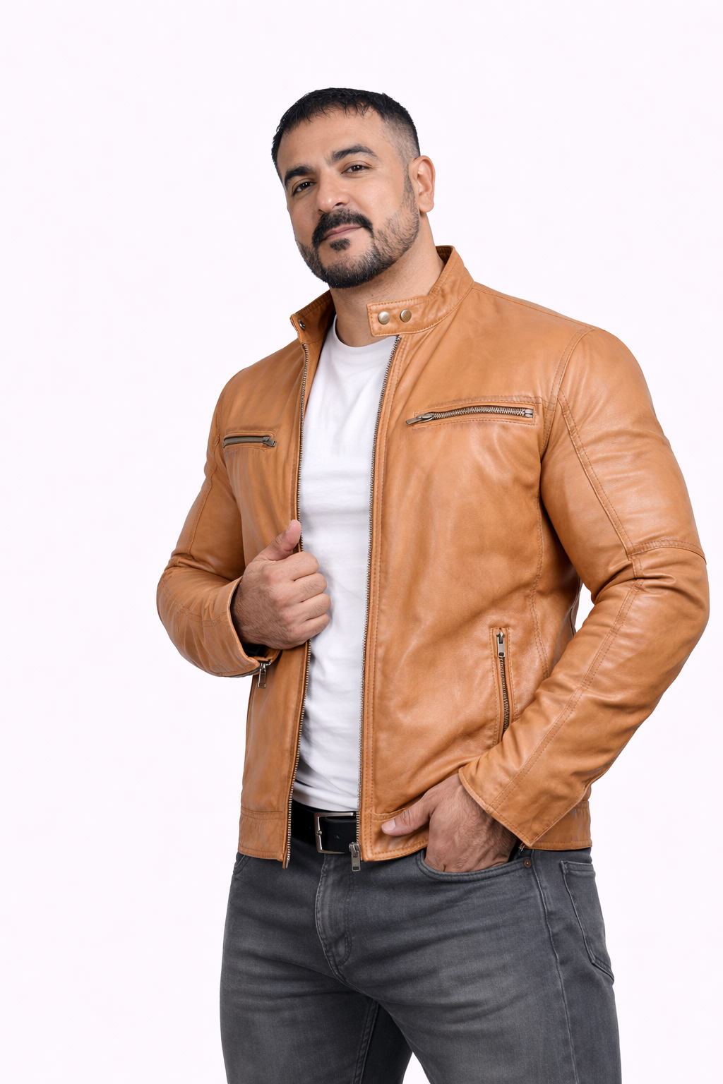 Majestic Leather - Men's New Real Lambskin British Tan Brown Leather Motorcycle Jacket Slim fit Biker Jacket Majestic Leather