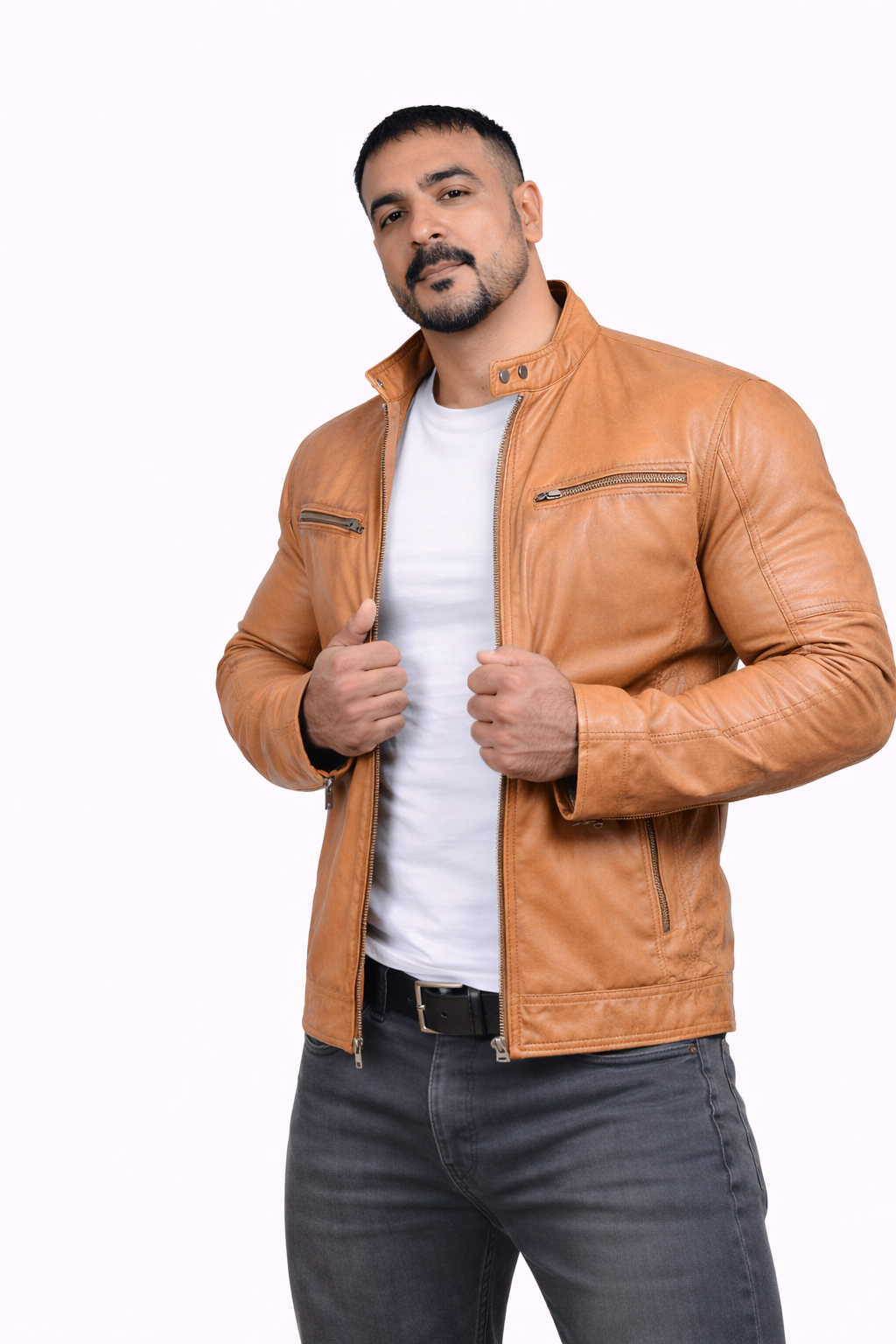 Majestic Leather - Men's New Real Lambskin British Tan Brown Leather Motorcycle Jacket Slim fit Biker Jacket Majestic Leather