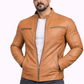 Majestic Leather - Men's New Real Lambskin British Tan Brown Leather Motorcycle Jacket Slim fit Biker Jacket Majestic Leather
