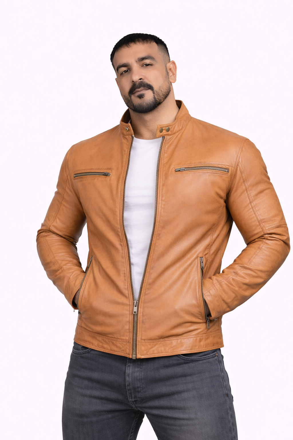 Majestic Leather - Men's New Real Lambskin British Tan Brown Leather Motorcycle Jacket Slim fit Biker Jacket Majestic Leather