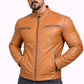Majestic Leather - Men's New Real Lambskin British Tan Brown Leather Motorcycle Jacket Slim fit Biker Jacket Majestic Leather