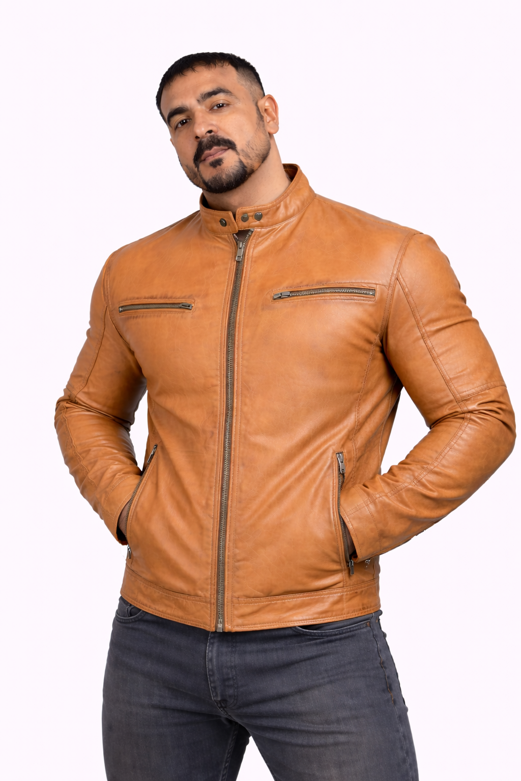 Majestic Leather - Men's New Real Lambskin British Tan Brown Leather Motorcycle Jacket Slim fit Biker Jacket Majestic Leather
