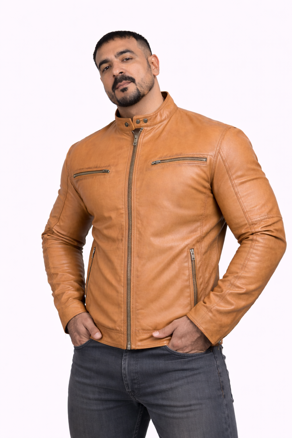 Majestic Leather - Men's New Real Lambskin British Tan Brown Leather Motorcycle Jacket Slim fit Biker Jacket Majestic Leather