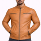 Majestic Leather - Men's New Real Lambskin British Tan Brown Leather Motorcycle Jacket Slim fit Biker Jacket Majestic Leather