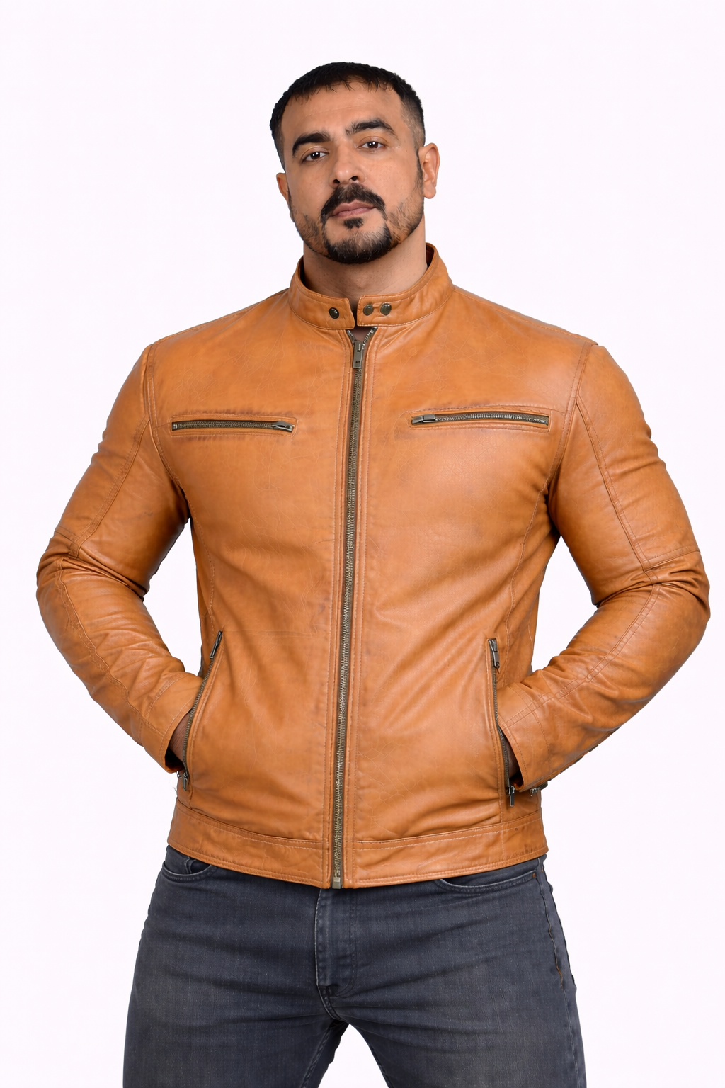 Majestic Leather - Men's New Real Lambskin British Tan Brown Leather Motorcycle Jacket Slim fit Biker Jacket Majestic Leather