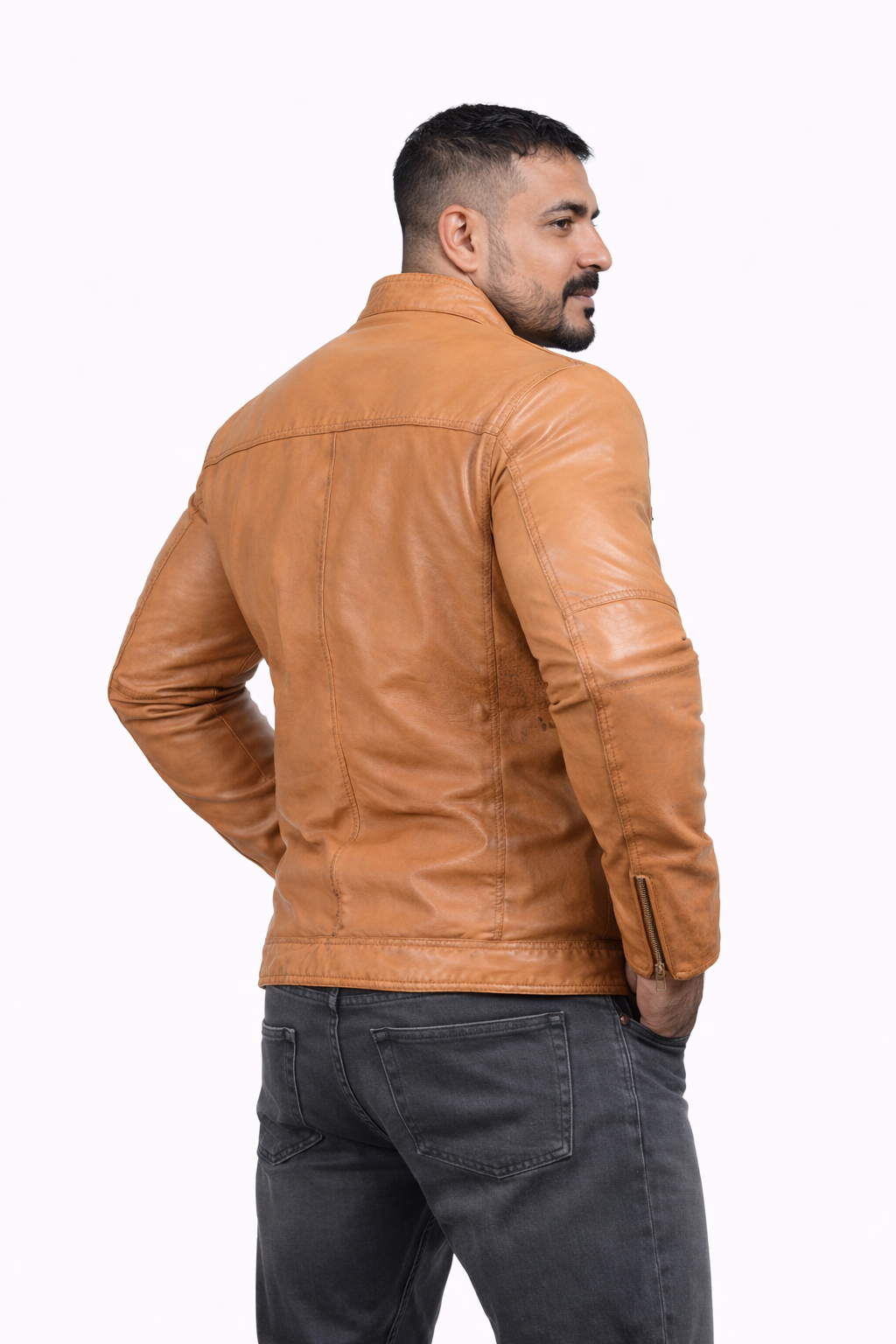 Majestic Leather - Men's New Real Lambskin British Tan Brown Leather Motorcycle Jacket Slim fit Biker Jacket Majestic Leather