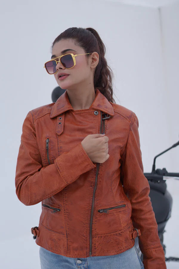 Women's New Real Lambskin Camel Brown Brando Biker Leather Jacket | Majestic Leather Majestic Leather