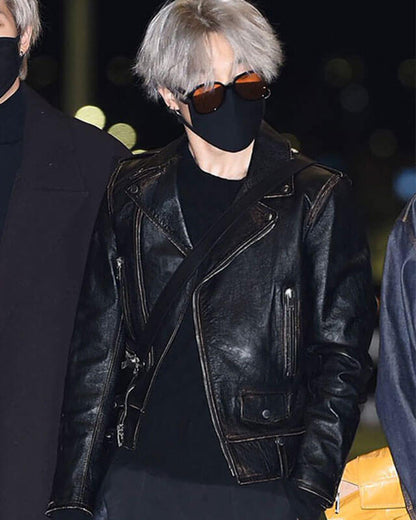 Women Biker - BTS Jimin Black Leather Jacket — back view | Majestic Leather UK