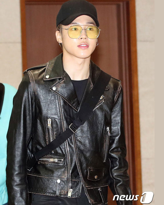 Women Biker - BTS Jimin Black Leather Jacket — front view | Majestic Leather UK