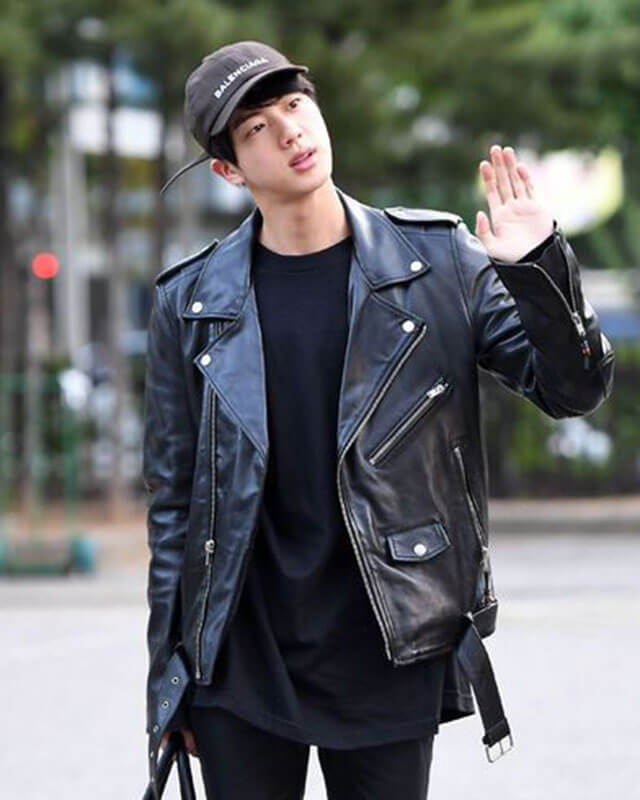 Women Biker - BTS Jin Biker Leather Jacket — side profile | Majestic Leather UK