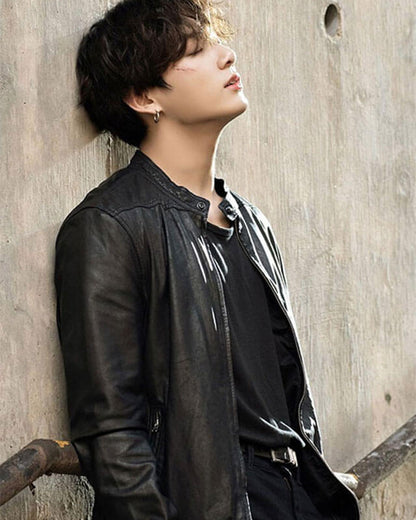 BTS Jungkook Celebrity Bad Boy Leather Jacket — back view | Majestic Leather UK