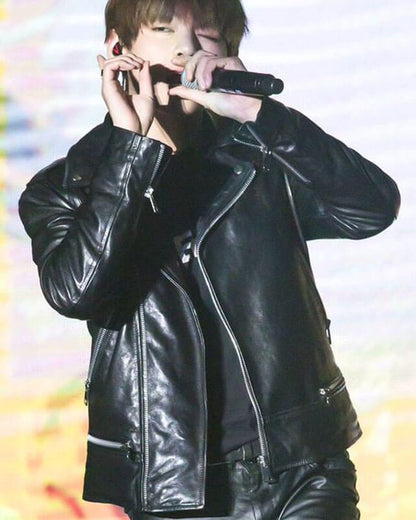 BTS Kim Taehyung Celebrity Black Leather Jacket — back view | Majestic Leather UK