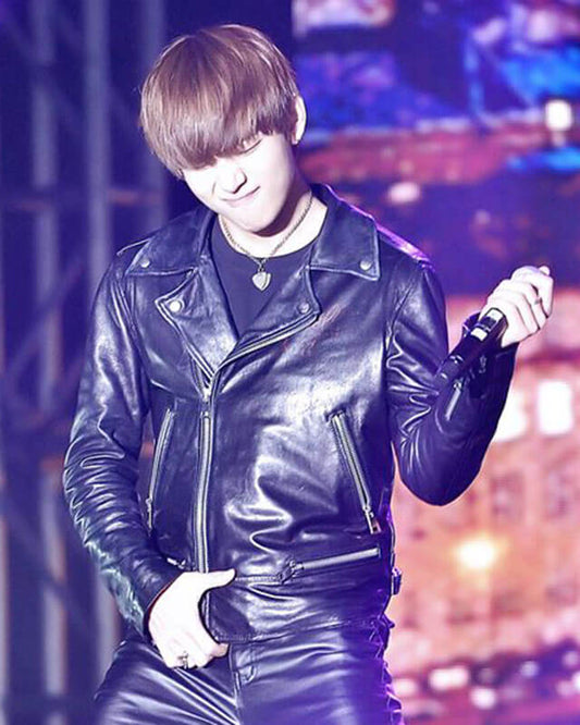 Women Biker - BTS Kim Taehyung Black Leather Jacket — front view | Majestic Leather UK