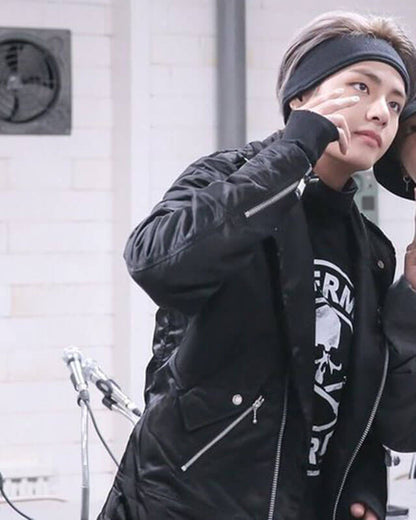 BTS V Kim Taehyung Men's Black Cowhide Biker Jacket — back view | Majestic Leather UK