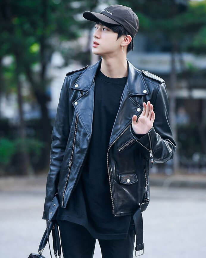 Women Biker - BTS Jin Biker Leather Jacket — front view | Majestic Leather UK