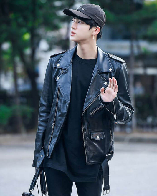 Women Biker - BTS Jin Biker Leather Jacket — front view | Majestic Leather UK