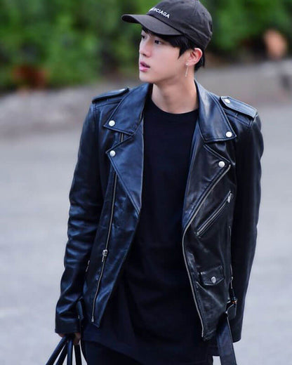 Kim Seok Jin Men's Biker Cowhide Black Leather — back view | Majestic Leather UK
