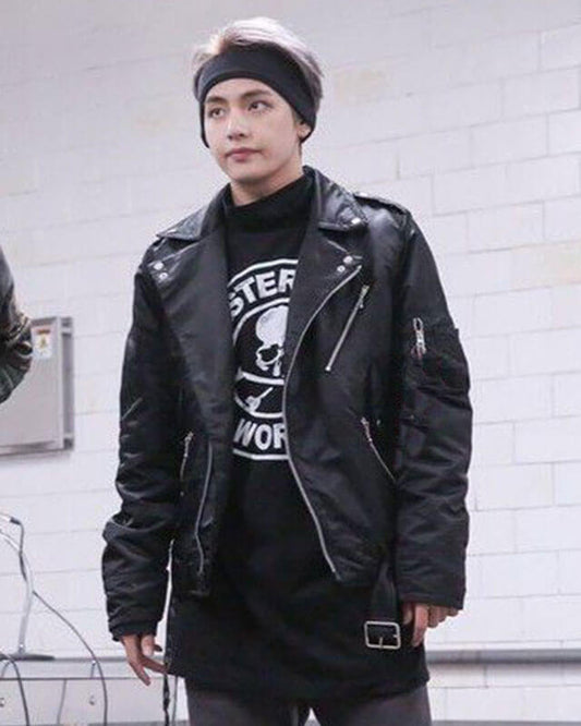 Women Biker - BTS V Kim Taehyung Mic Drop Jacket — front view | Majestic Leather UK