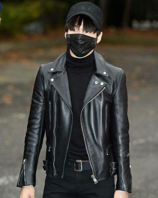 Women Biker - BTS Suga Black Biker Leather Jacket — front view | Majestic Leather UK