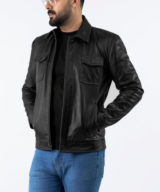 Betler Distress Black Real Leather Jacket | Majestic Leather — front view | Majestic Leather UK