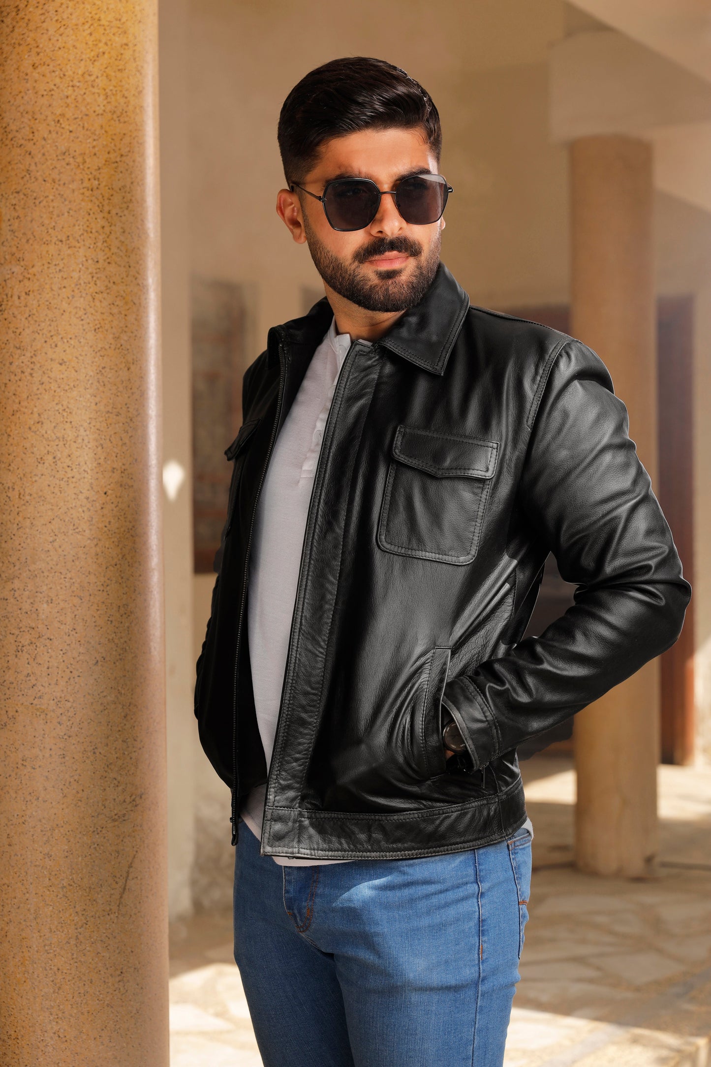 Betler Distress Black Real Leather Jacket | Majestic Leather — collar detail | Majestic Leather UK